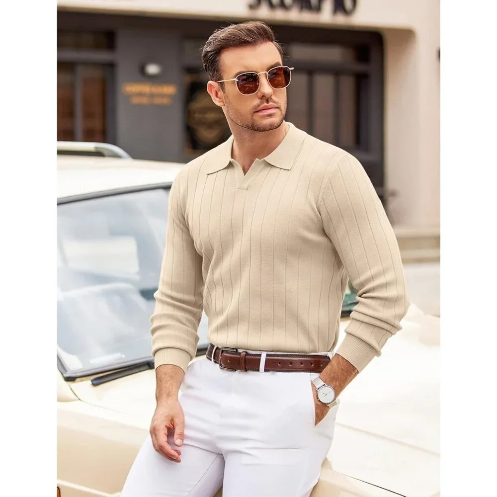 Coofandy Men Cream Polo Long Sleeve V Neck Knit Lightweight Pullover Sweater